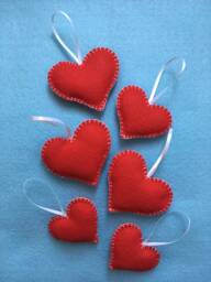 Handmade Red Felt Hearts Set Of 6, Valentines Hearts, Christmas Tree Ornaments, Wedding Favors - thumbnail 1