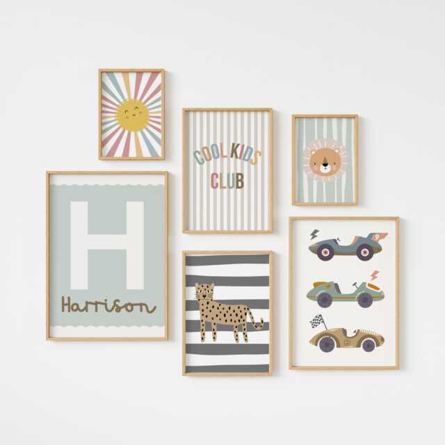 Set Of Gallery Wall Prints For A Playroom Nursery Or Bedroom, Personalised Initial & Race Car Art - Prints Only - image 1
