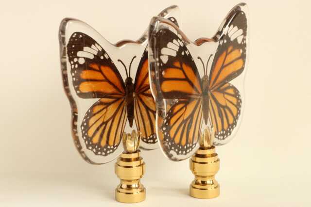 Asian Tiger Butterfly Specimen Lamp Finials - Natural Butterflies in Clear Acrylic On Shiny Brass Hardware A Matching Pair - image 1