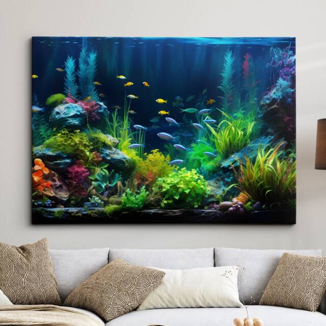 Fish Tank Water Aquascape Feature Aquatic Lover Wall Art Framed Canvas Poster Print, Home Office Bedroom Games Room Decor Gift Idea - image 1