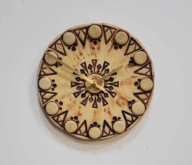 Hand Made Circular Round Matt Brown & Natural Ceramic Wall Clock Quartz 25 cm Diam - image 1