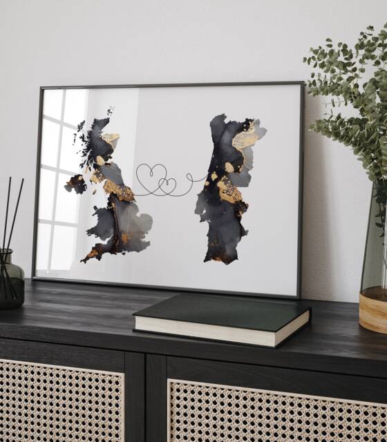 Britain & Portugal Map Black & Gold Travel Wall Art Print - United Kingdom UK - image 1