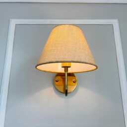 Mid Century Modern Brass Sconce, Wall Lamp With Linen Shade, Minimalist Bedroom Sconce - thumbnail 2