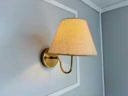 Mid Century Modern Brass Sconce, Wall Lamp With Linen Shade, Minimalist Bedroom Sconce - thumbnail 1