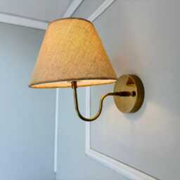 Mid Century Modern Brass Sconce, Wall Lamp With Linen Shade, Minimalist Bedroom Sconce - thumbnail 3