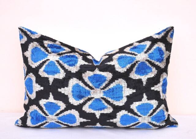 Handmade Silk Velvet Ikat Pillow Cover, Blue & Black - image 1