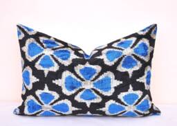 Handmade Silk Velvet Ikat Pillow Cover, Blue & Black - thumbnail 1