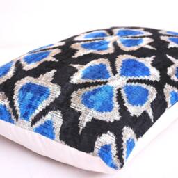 Handmade Silk Velvet Ikat Pillow Cover, Blue & Black - thumbnail 2