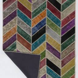 Hand-stitched Wool Patchwork Rug Multicolor Herringbone Design - thumbnail 2