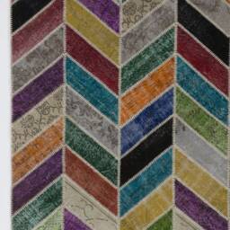 Hand-stitched Wool Patchwork Rug Multicolor Herringbone Design - thumbnail 4