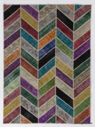 Hand-stitched Wool Patchwork Rug Multicolor Herringbone Design