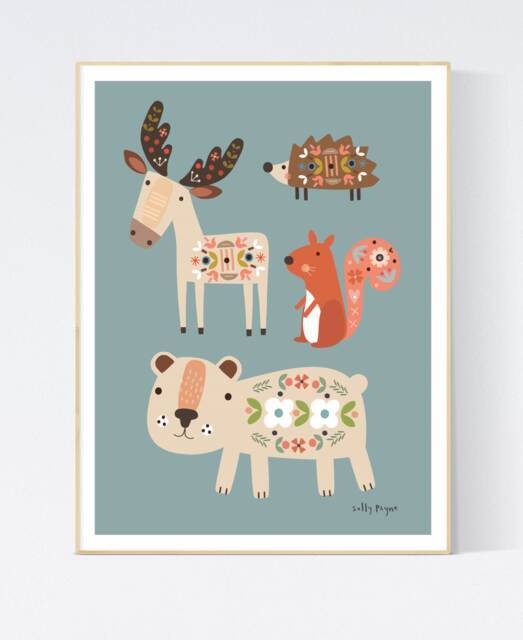 Woodland Animals Folk Print- Wall Art - Children's Prints Illustration