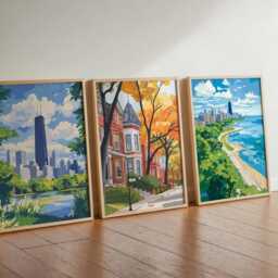 Set Of 3 Chicago Posters, Illinois Travel Prints, Cityscape Wall Art Set, Us Gift, City - thumbnail 3