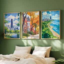 Set Of 3 Chicago Posters, Illinois Travel Prints, Cityscape Wall Art Set, Us Gift, City - thumbnail 2