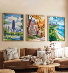 Set Of 3 Chicago Posters, Illinois Travel Prints, Cityscape Wall Art Set, Us Gift, City - thumbnail 1