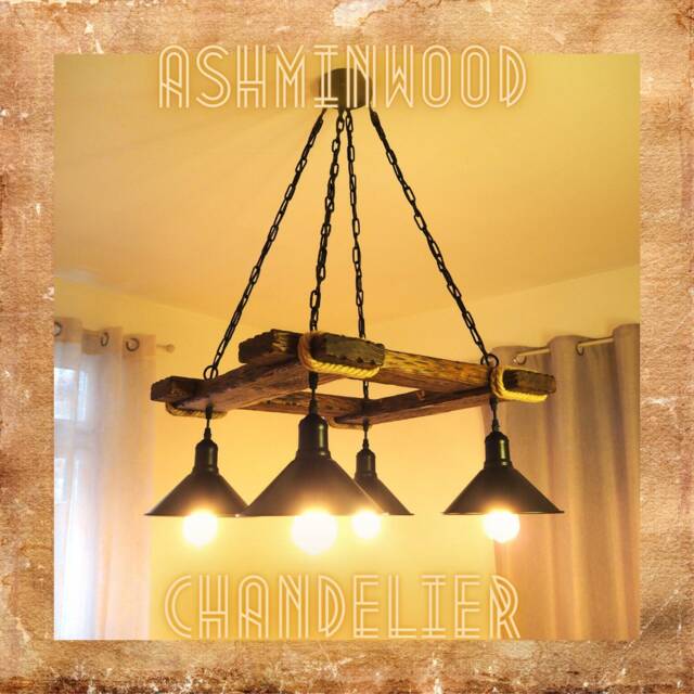 Rustic Chandelier - Hanging Light Fixture Wood Farmhouse Lights Industrial Style Lighting Bar Restaurant - image 1