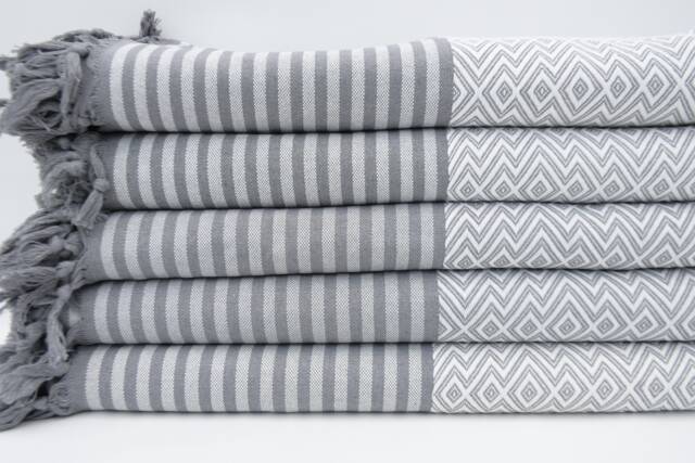 "Gray Striped Blanket, Turkish Blanket, Handmade Bedspread, 79""x103" - image 1