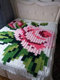 Granny Square Crochet Afghan Blanket, Handmade Blanket With Rose Desing For Double Bed, King Size Bed Throw Womens Unique Xmas Gift - thumbnail 1