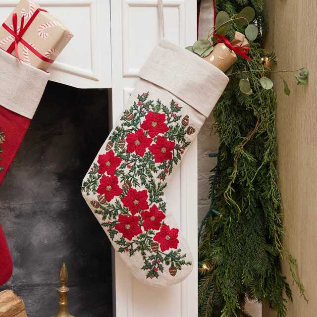 Natural Festive Poinsettia Linen Stocking, Hand Embroidered Cotton Blend Christmas Bootie, Handmade Holiday Decor - image 1