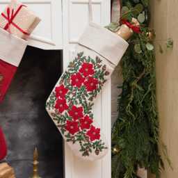 Natural Festive Poinsettia Linen Stocking, Hand Embroidered Cotton Blend Christmas Bootie, Handmade Holiday Decor - thumbnail 1