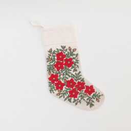 Natural Festive Poinsettia Linen Stocking, Hand Embroidered Cotton Blend Christmas Bootie, Handmade Holiday Decor - thumbnail 3