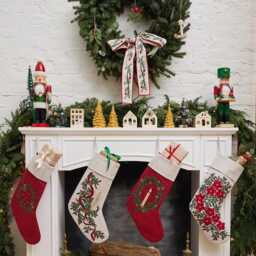 Natural Festive Poinsettia Linen Stocking, Hand Embroidered Cotton Blend Christmas Bootie, Handmade Holiday Decor - thumbnail 2