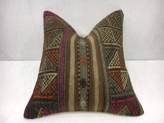 Vintage Turkish Kilim Pillow Cover, Handwoven Bohemian Cushion, 16x16 - image 1