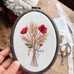 Poppy & Wheat Oval Embroidery Hoop, Hand Embroidered Wall Art, Personalized Ornaments - thumbnail 3