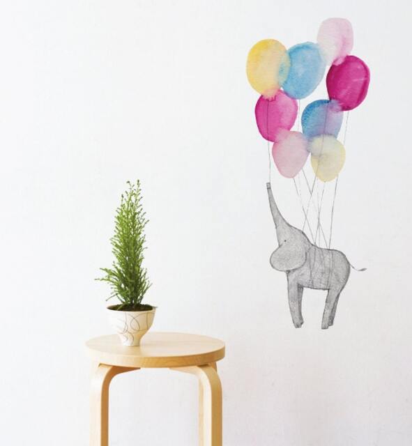 Elephant On Balloons Wall Sticker Decal - Nursery Stickers, Animal Decals, Home Decor, Baby Room, Art, Girl, Boy