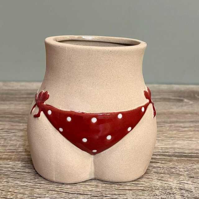 Ceramic Bikini Plant Pot/Red Polka Dot Glazed Finish Quirky Indoor Home Decor Planter - image 1