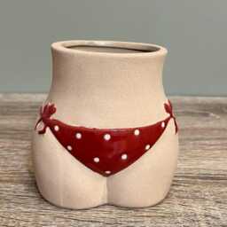 Ceramic Bikini Plant Pot/Red Polka Dot Glazed Finish Quirky Indoor Home Decor Planter - thumbnail 1