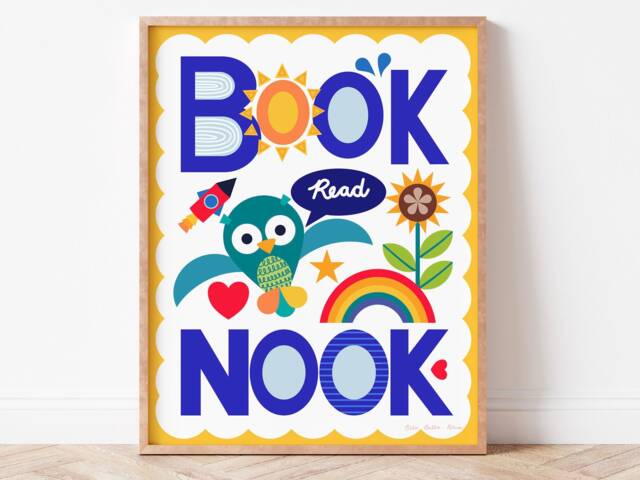 Bright Book Nook Reading Corner Poster Owl & Rainbow Rocket Wall Art Gender-Neutral Kids Digital Download - image 1