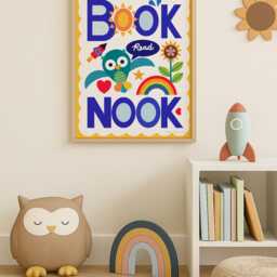 Bright Book Nook Reading Corner Poster Owl & Rainbow Rocket Wall Art Gender-Neutral Kids Digital Download - thumbnail 2