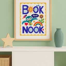 Bright Book Nook Reading Corner Poster Owl & Rainbow Rocket Wall Art Gender-Neutral Kids Digital Download - thumbnail 3