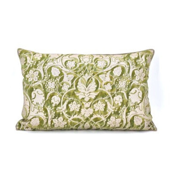 Fortuny Fabric Throw Pillow Cushion Cover in Green & Gold Persepolis Pattern - Made Italy - image 1