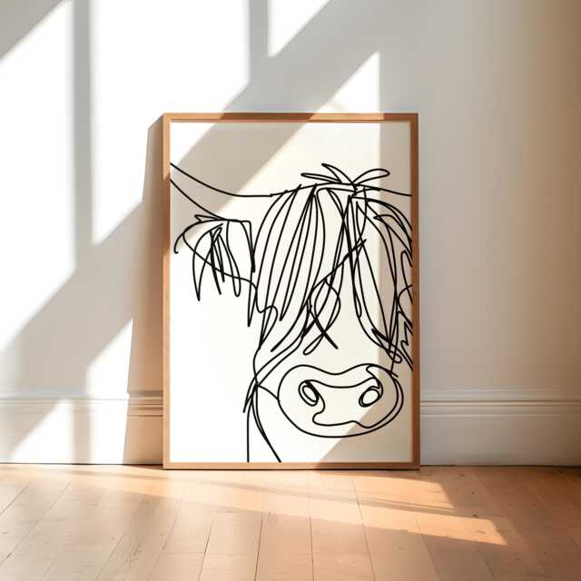 Highland Cow Line Art Print, Minimalist Animal Wall Decor - image 1
