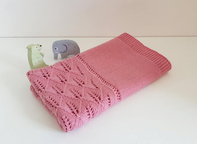 Hand Knit Merino Wool Baby Blanket, Vintage Pink Lace - image 1