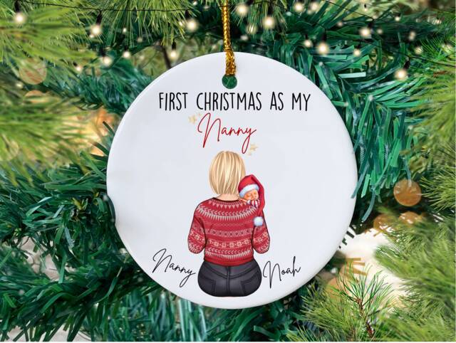 Personalised Nanny First Christmas, Custom Grandparent Gift, Baby's First, Ceramic Ornament - image 1