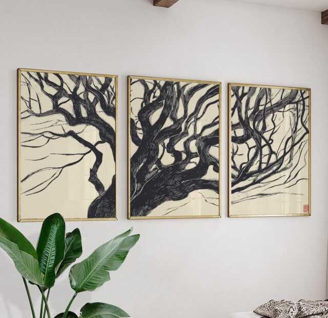 Gnarled Tree Poster Set Of 3 Japanese Woodcut Style Wall Art - image 1