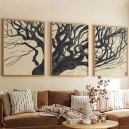 Gnarled Tree Poster Set Of 3 Japanese Woodcut Style Wall Art - thumbnail 3
