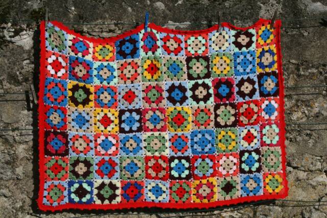 New Handmade Crocheted Baby Blanket, Kobe, Multicolored Granny Squares, Red Border, Birthgift - image 1
