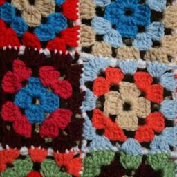 New Handmade Crocheted Baby Blanket, Kobe, Multicolored Granny Squares, Red Border, Birthgift - thumbnail 2