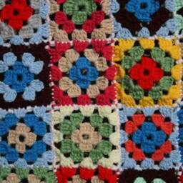 New Handmade Crocheted Baby Blanket, Kobe, Multicolored Granny Squares, Red Border, Birthgift - thumbnail 3