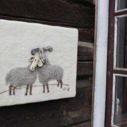 Needle Felted Sheep Wall Hanging 3D Fiber Art - thumbnail 3