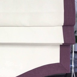 Custom Flat Linen Roman Shade, White & Plum Border, Scalloped Bottom - thumbnail 3