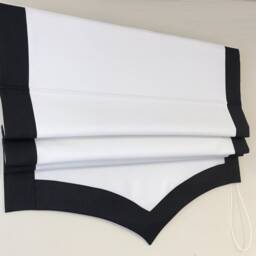 Custom Flat Linen Roman Shade, White & Plum Border, Scalloped Bottom - thumbnail 4