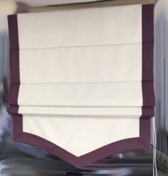 Custom Flat Linen Roman Shade, White & Plum Border, Scalloped Bottom