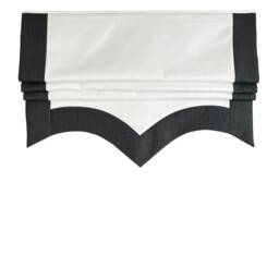 Custom Flat Linen Roman Shade, White & Plum Border, Scalloped Bottom - thumbnail 2