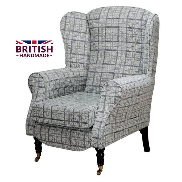 Handmade Grey Check Wingback Armchair Fireside Accent Chair - image 1