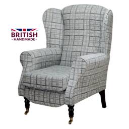 Handmade Grey Check Wingback Armchair Fireside Accent Chair